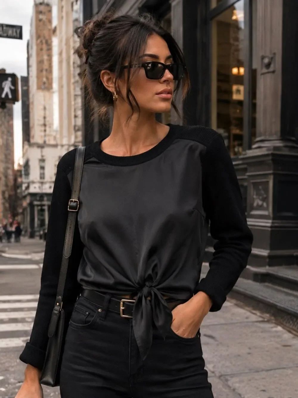 CAbi Black Satin Front Tie Mixed-Media Top